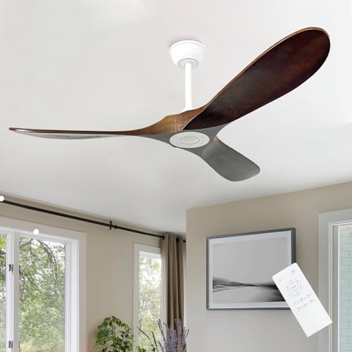 Image of 52'' Outdoor Ceiling Fan No Light,6 Speeds Adjustable with Large Airflow,Quiet Operation,Wood Propeller Ceiling Fan for Garage,Gazebo,Living Room,Bedroom(White+Dark Walnut)