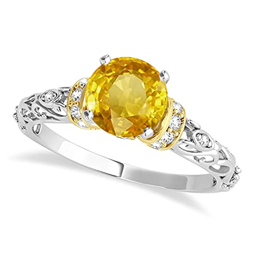 (0.87Ct) 14K Two-Tone Gold Yellow Sapphire And Diamond Antique-Style Bridal Set #TOP1