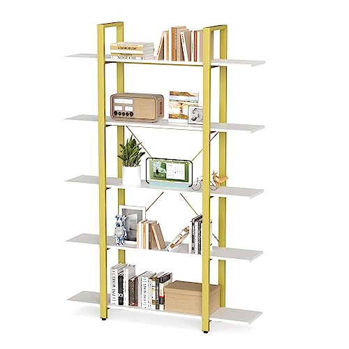 Lazeyard 5-Tier Bookshelf,70" Modern Wood Metal Bookshelf,Wide Open Bookshelf Etagere Bookcase,Large Tall Bookshelf For Bedroom,Living Room,Office,5 Shelf Display And Storage Shelves,White And Gold #TOP6