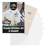 FORMAT - 100 Klarsichthüllen von OfficeTree für Postkarten im praktischen DIN A4 auf DIN A5 Format. Ideale Maße und Lochung für DIN A4 Heftung. Pro Sammelhülle 2 Fächer inklusive 240 Lochverstärker.