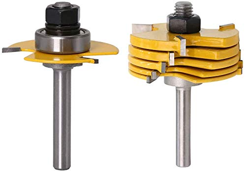 Yakamoz 1/4 Inch Shank 3 Teeth T Shape Molding Wood Milling Cutter, 3-Wing Adjustable Slot Cutter Router Bit Set with Bearings | 6-Picecs Slotting Cutting Blades, 1/2 Inch Cutting Depth
