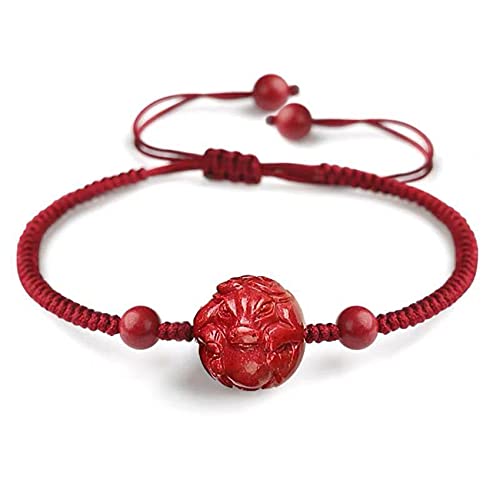 Bracelet cinnabre naturel et cordon tressé rouge avec tortue