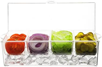 Oaklyn Large Clear Condiment Server Organizer on Ice with Containers and Lid – BPA-Free Serving Bar Compartments and Plastic Box Tray – Chilled Caddy Dispenser Set - Holds 80 oz Total