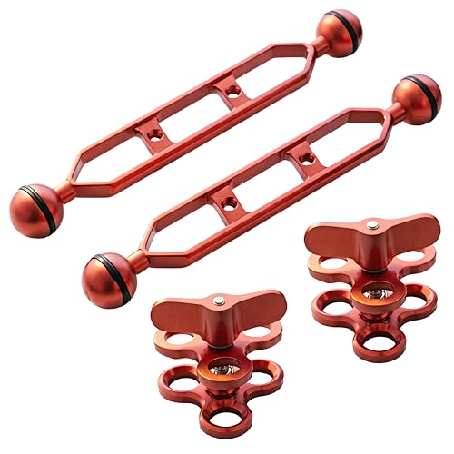 9" Double Aluminum Extension Arm (2-Pack), 1" Ball Head Underwater CNC Arm System with Three-Hole Butterfly Clamp for Strobe/Video Light/Diving Camera Tray, Waterproof & Rustproof