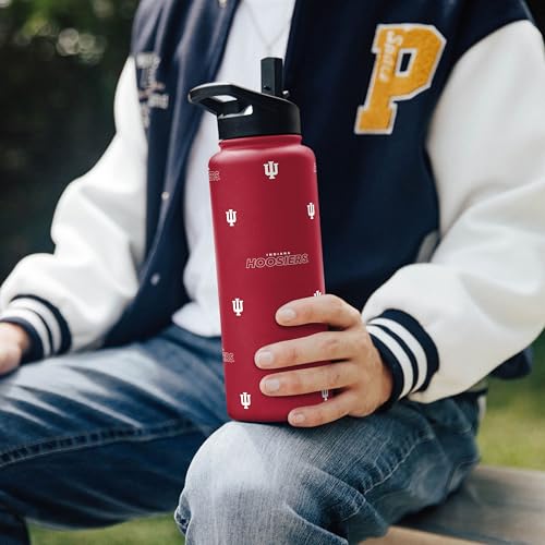 Image of Logo Brands NCAA Indiana Hoosiers Step & Repeat 34 oz Stainless Steel Quencher Bottle - All Over Logo Design, No-Spill Lid, Easy Carry Handle - Keeps Drinks Cold For Hours