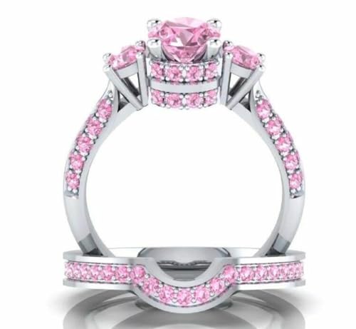 Round Cut Pink Sapphire 3-Stone Wedding Bridal Ring Set 925 Sterling Silver 14K White Gold Finish2