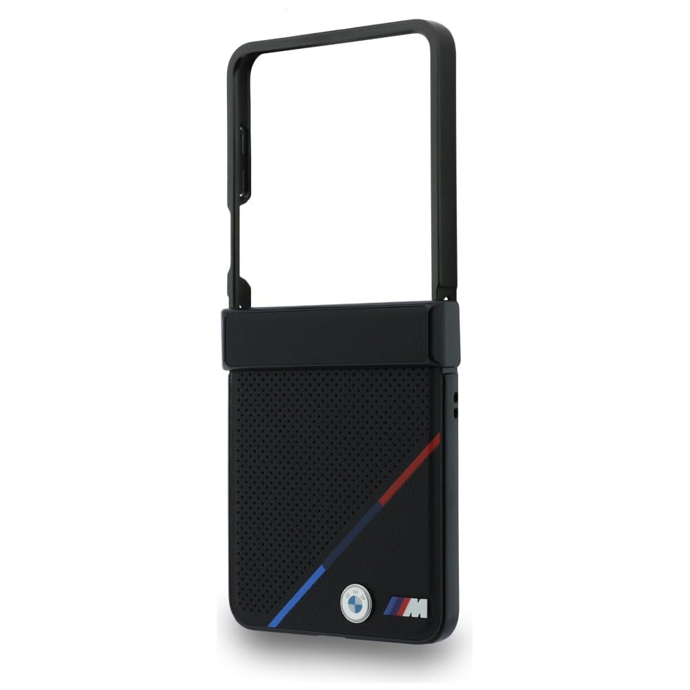 CG MOBILE BMW M Pelle Perforata Strisce Tricolore Loghi Metallo Compatibile con MagSafe Custodia per Samsung Galaxy Z Flip8 (Nero)