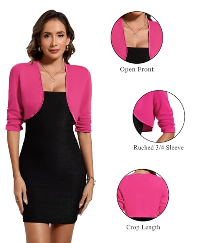 Image of MINTLIMIT Bolero Cardigans for Women Ruched 3 /4 Sleeve Open Front Cropped Cardigan Boleros Shrug Jackets for Evening Dresses