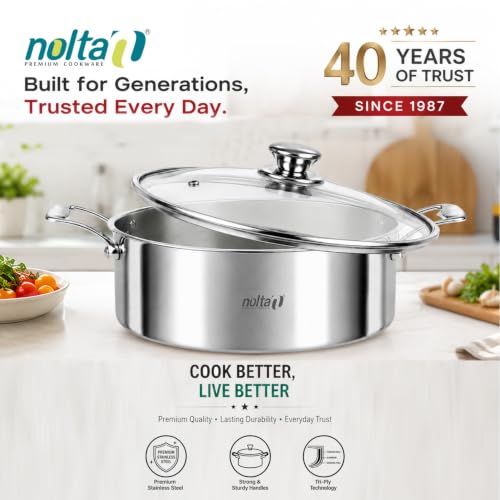 Image of NOLTA 3.5L Triply Biryani Pot, Induction Base, 5yr Warranty, ISI Certified | Heavy Bottom, 100% Food Safe, Consumes Less Oil, Biriyani Handi / Curry / Stew Pot with Glass Lid (24cm dia)
