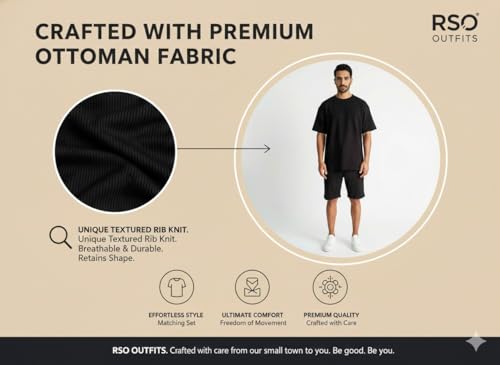 RSO Outfits Men?s Ottoman Fabric Co-ord Set | Oversized T-Shirt & Shorts | Smooth Soft Fabric, Casual Comfort Wear(Black, L)