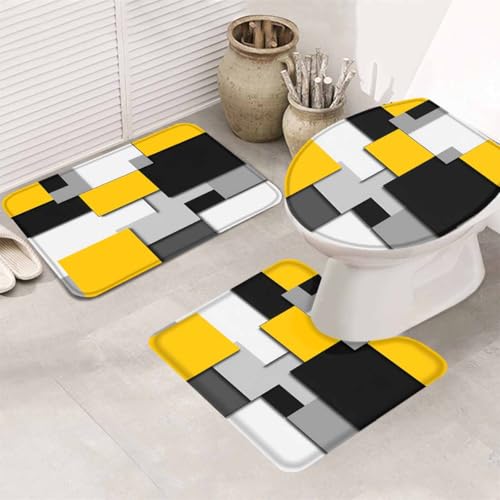 Yellow Gray Black Geometric Bathroom Rug Set - 3 Piece Non-Slip Mat