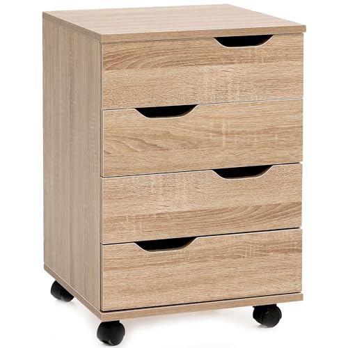 FineBuy Rollcontainer SV51850 Holz 40x60x40cm Schubladenschrank Büro Container, Schreibtischcontainer mit vier Schubladen, Bürocontainer Beistellcontainer mit Rollen, Kleiner Schubladencontainer Braun