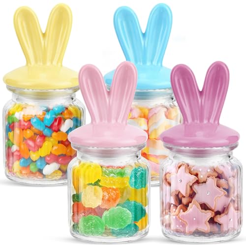 TOOYUMON Easter Centerpieces for Table - 4 Pcs Easter Candy Jar with Ceramic Bunny Ear Lids, Easter Cookie Jar for Coffee Bar Bunny Home Decor