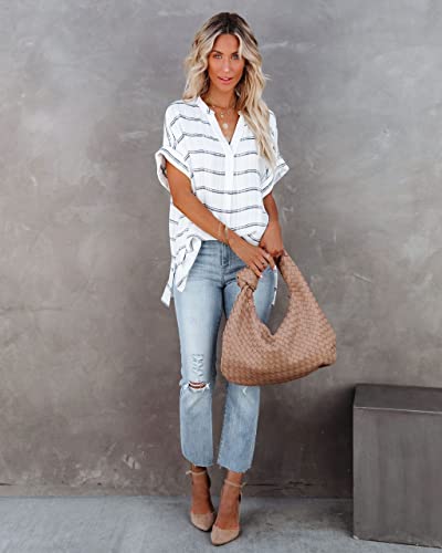 Alvaq Women Blouses Summer Short Sleeve V Neck Loose Casual Stripe Tunic Shirts Tops Large #TOP2
