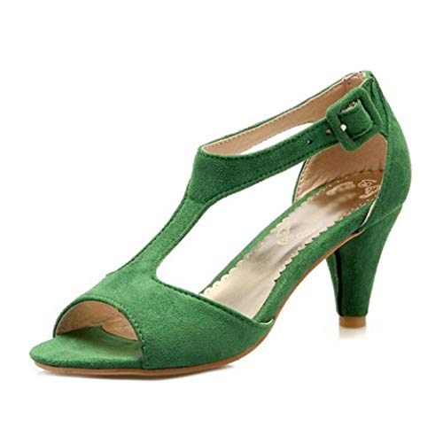 Mujeres Spike Heel Sandals Verano Med Heel Tobillo Hebilla Correa Zapatos Peep-Toe Boda Fiesta Vacaciones Señoras T-Correa Bombas