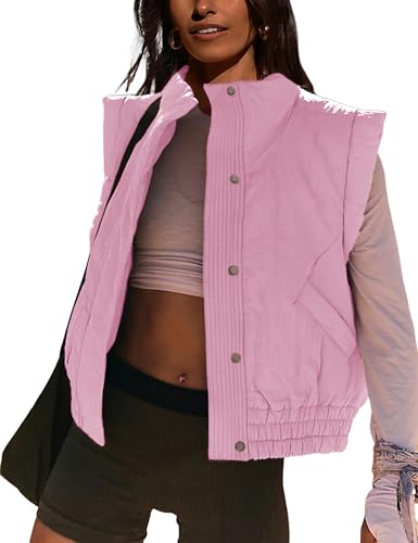 Lviefent Womens Puffer Vest Cropped Lightweight Button Down Quilted Vest Sleeveless Padded Gilet Coat with Pockets (Pink-L)