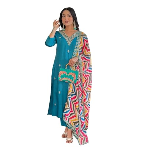Image of Naixa Women's Viscose Embroidered Straight Kurta with Pant and Dupatta Sets (NX-467)