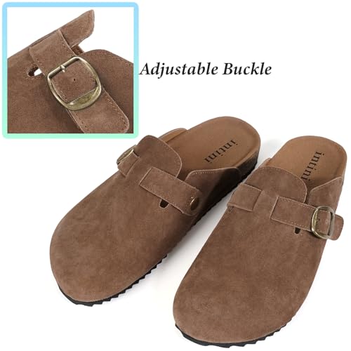 Image of Genuine Suede Clogs Womens Mens Cork Footbed Sandals Potato Shoes | Unisex Suede Leather Mules ,Arch Support,Adjustable Metal Buckle,Cork and Rubber,Wonderful Quality