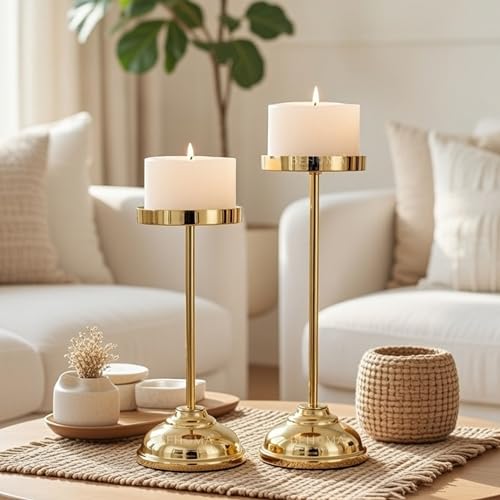 Image of Behoma Handcrafted Large Metal Pillar Candle Holders | Table Centerpieces Coffee Tables or Fireplace Mantels | Solid Candles Stand for Christmas, Home Decor, Gift, Valentine's Day | Gold, Set of 2 | Oval stainless steel platter with brass leaf handle, 13 inch; elegant serveware for Navratri & Durga Puja.