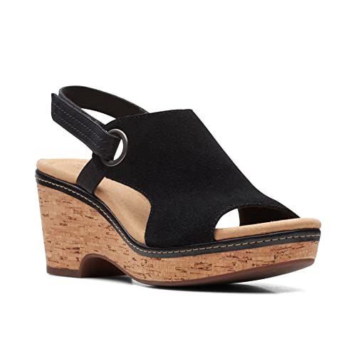 Clarks Giselle Sea Wedge Sandal, Black Suede, 9 Medium