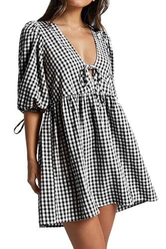 PINUPART Women's Summer Coverup Beach Picnic Gingham Puff Sleeve Tie Front Babydoll Mini Dress Black White L