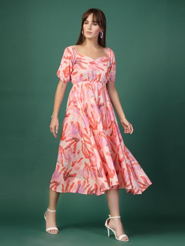 Image of OOMPH! Below Knee Shift Pink Dress in Crepe Fabric with Round Neck and Puff Sleeves - md619l