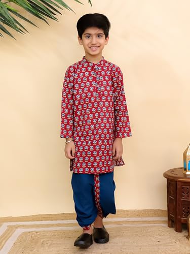Image of The Mom Store Baby /Kids Boys Dhoti Kurta Set | Dhoti and Kurta | 100% Cotton | Comfortable | Ethnic | Festive Look | Block Prints | Colored Dhoti | Blue