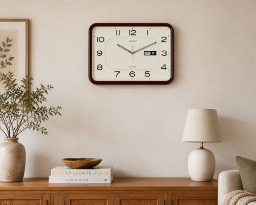 Image of Vintage Antique Designer Wall Clock with Day & Date Display ? 16 x 13.5 Inch Large Analog Wall Clock, Ivory Dial & Brown Plastic Frame, Silent Quartz Decorative Clock for Living Room, Office & Bedroom