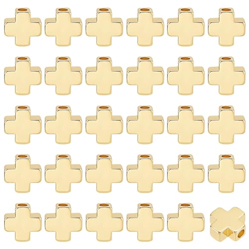 BENECREAT 60Pcs Real 18K Gold Plated Spacer Bead Brass Crucifix Cross Beads Metal Loose Spacer Beads Jewelry Findings for Earring Bracelet Necklace Jewelry Making