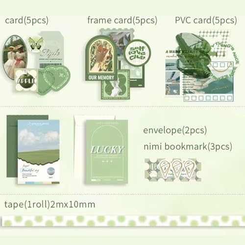 Image of VIBE VISTA Vintage Aesthetic Scrapbook Kit 346 Pcs A6 Grid Notebook Washi Envelopes Scrapbook Papers Folding Labels Background Papers Photo Frames Calendar Stickers (Poetry of Misty Island green)