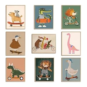 SAMHOU Kids Room Wall Art Set of 9, Funny Cute Cartoon Animal Canvas Prints, Nursery Wall Decor Paintings for Boys Girls Bedroom Baby Room Playroom Classroom Decoration 8×10 Inch Unframed