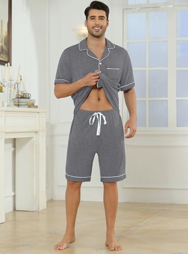 Image of Veseacky Men's Button Down Pajama Set Short Sleeve Shorts Modal Soft Sleepwear Loungewear Pjs with Pockets S-XXL