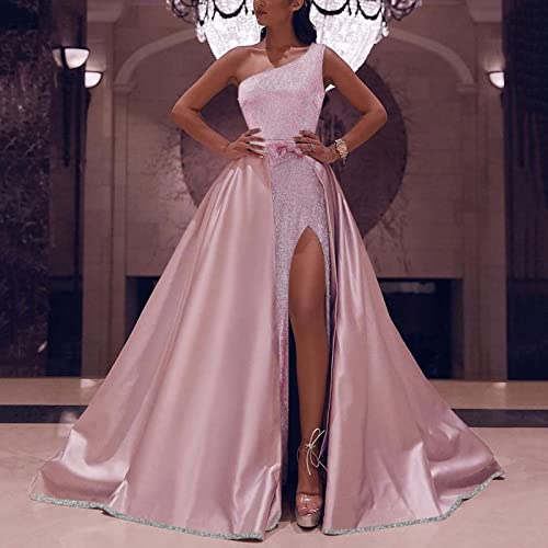 Womens Maxi Long Dress Blushing Pink Sleeveless Pure Color Split Patchwork One Shoulder Elegant Formal Party Dress (Pink, S) #TOP1