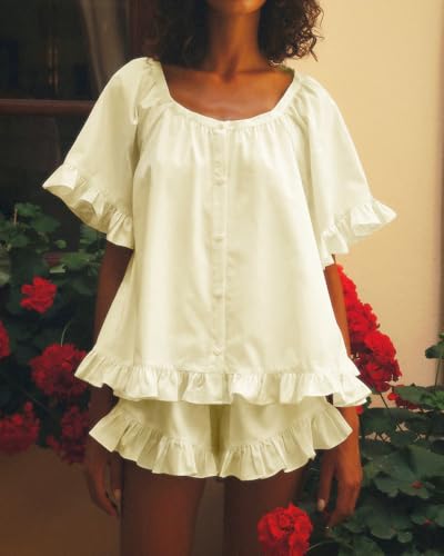 Image of Womens Ruffle Pajama Set Short Sleeve Button Down Top and Shorts | Cotton Ruffle Pajamas Set, Ruffle Shorts Set Women, 2 Piece Shorts Set for Women