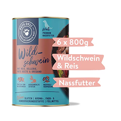 Pets Deli Nassfutter für Hunde mit Wildschwein mit Reis, Sellerie, Rote Bete und Oregano ohne Zucker und Gluten 6 x 800g