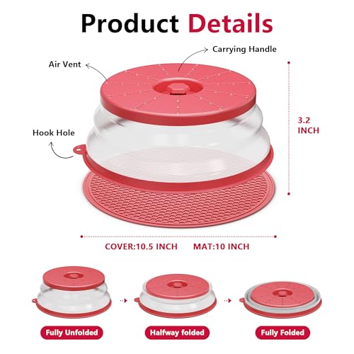 Image of ML-MC-RD Microwave Splatter Cover & Mat, Vented Collapsible Splatter Guard dish Plate lid & Silicone Round Kitchen Mat for Food, Meal Prep