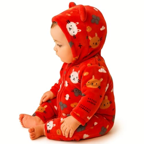 Image of BABYZONE Fluffy Fleece Baby Romper - Hooded Bear Ear Winter Jumpsuit for Boys & Girls