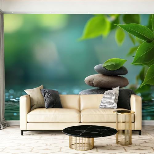 Papier Peint Intissé Panoramique Pierres Zen Feuilles Vertes Eau Calme Salon Chambre 300 x 210 cm Déco Murale Maison, Décoration Photo Murale Zen...