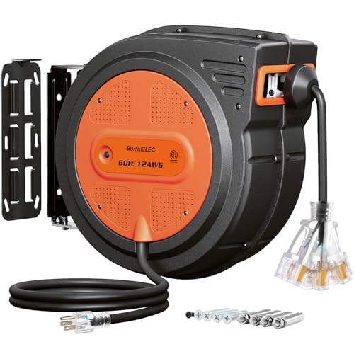 SURAIELEC 12 Gauge Extension Cord Reel 60 FT Retractable Extension Cord 12 AWG/3C SJTOW Heavy Duty Power Cord 13 AMP Circuit Breaker Lighted Triple Tap Ceiling or Wall Mount ETL Listed Orange