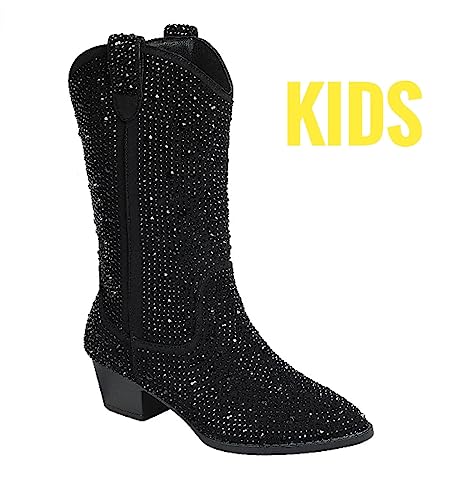 Forever Girls/Kids Rhinestone Western Cowgirl Cowboy Pointed Toe Low Heel Boots River-11K Black 12