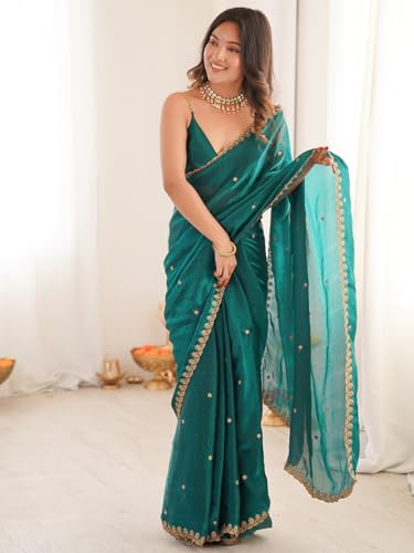 Image of AKHILAM Women's Shimmer Tissue Embroidered Saree With Unstitched Blouse Piece