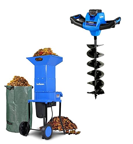Landworks Leaf Mulcher Shredder Electric Green and Waste Management & Earth Auger Power Head Steel 6´´ Inch x 30´´ Inch Bit Heavy Duty Electric Cordless [Bundle Deal]