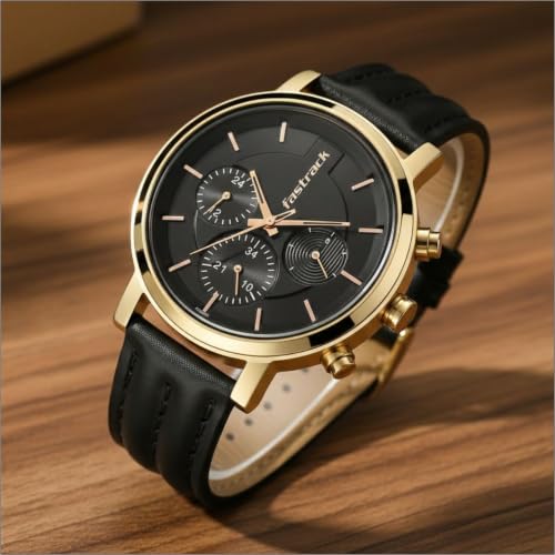 Image of Fastrack Chrome K Quartz Analog with Black Dial Black Leather Strap Watch for Men - 3287QL03