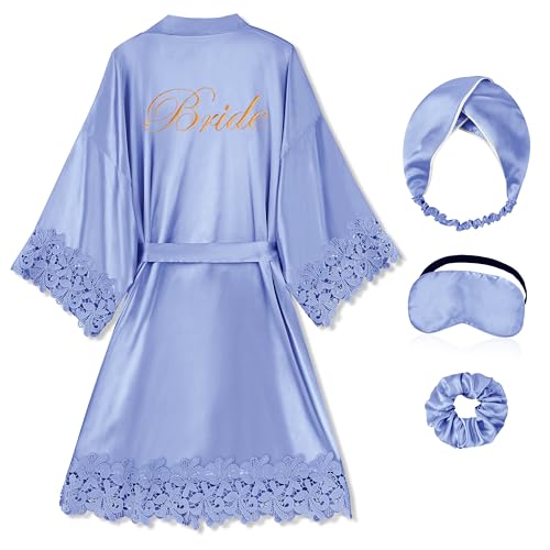 Image of EPLAZA Bride Robe for Wedding Day Set Bridal Robe Lace Trim Silky Embroidery Satin Kimono for Bridal Party
