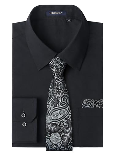 HISDERN Camisa Hombre Manga Larga y Corbata Negro Camisa Slim Fit Hombre Elegante Casual de Boda de Color Sólido Estilo de Negocios con Botones y Bolsillos Regular L
