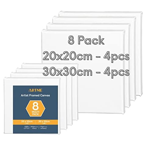 Artme Pre-Stretched Canvas 8pcs - 20x20CM-4pk, 30x30CM-4pk - Artist Framed Square Canvas/ 280GSM/100% Cotton/Blank/Triple Primed/Acid Free/Medium Grain/ 1.7cm - Acrylic/Oil Cover