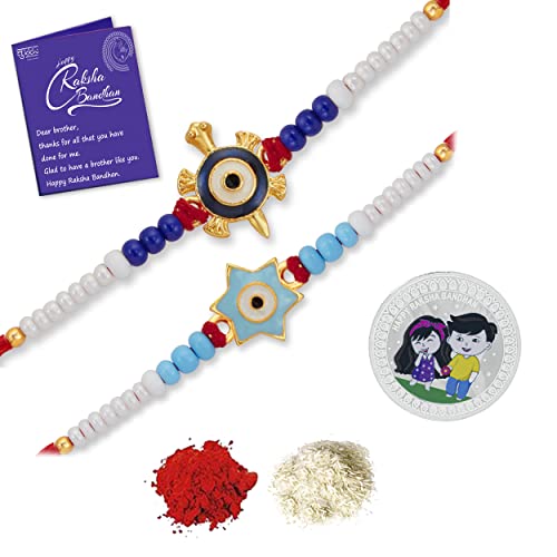 Sukkhi Rakhi Gold Plated Evil Eye Meenakari Rakhis Set of 2 & 1 Gram 999 Pure Silver Coin Combo, Roli Chawal and Rakhi Greeting Card|Rakhi for MEN|Silver Coin|Rakhi Combo-Pack of 2|CBMIX104558 (B0B5LQPXXX) Amazon Price History, Amazon Price Tracker
