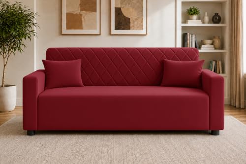 Image of Rosebell 3 Seater Wooden Sofa for Living Room, Modern Fabric Upholstered Sofa with Quilted Backrest, Cushioned Seating, Padded Armrests & Sturdy Wooden Frame - Red