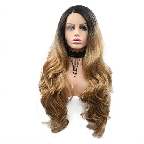 Peluca de pelo ondulado natural con raíces de color marrón oscuro y rubio degradado para mujer, para maquillaje, cosplay, peluca de encaje frontal sintética para mujeres, peluca hecha a mano