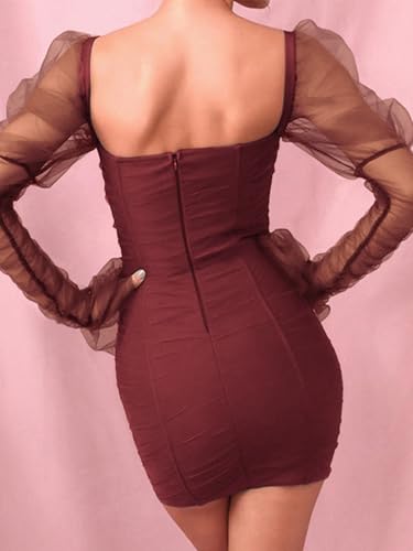 Image of Uni Clau Women Sexy Mesh Sheer Puff Long Sleeve Mini Dress Bodycon Deep V Neck Patchwork Party Clubwear Dress